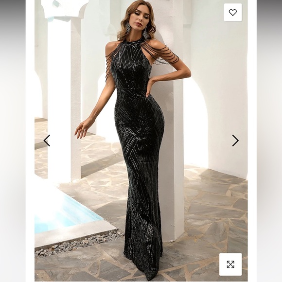 miss ord Dresses & Skirts - Miss Ord Black Sequin Mermaid High Neck Halter Beaded Sleeve Bodycon Gown
